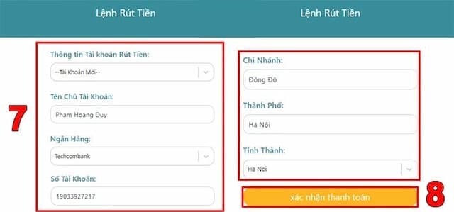 Điền đầy đủ thông tin rút tiền yêu cầu