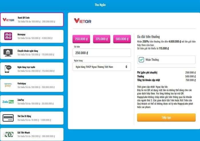 Cách gửi tiền tại Happyluke